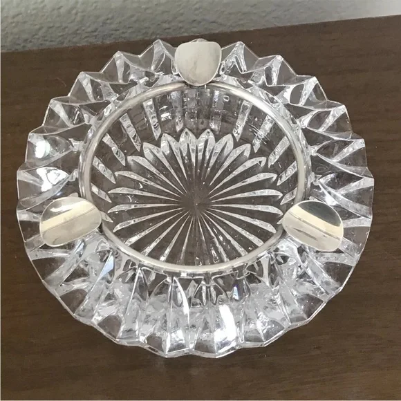 Mid Century Modern Ashtray Heavy Clear Cut Glass Silver Plate Starburst MCM - Picture 7 of 7